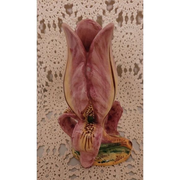 Tulip Bud Vase Handpainted In Italy 2006. Pinkish Purple With Yellow And Brown - Picture 10 of 11
